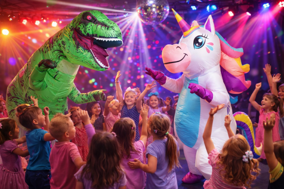 Einhorn und Dino Party Eine Dinosaurier- und Einhorn-Puppe tanzen mit Kindern auf einer bunten Party.