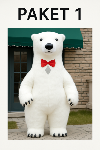 Ein niedlicher, großer Teddybär mit roter Schleife vor einem Gebäude.