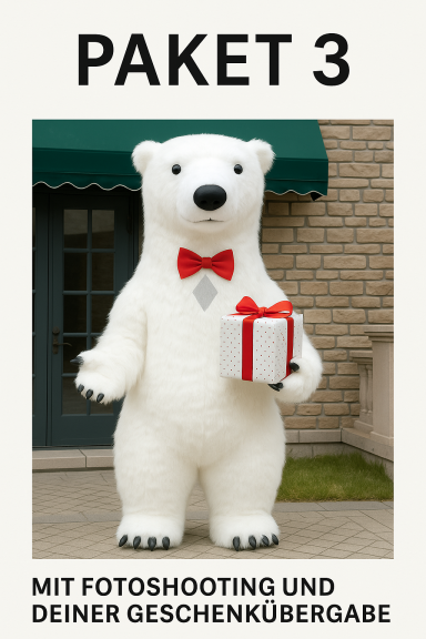 Eisbär in Fliege hält ein Geschenk; Hinweis auf Fotopaket 3.