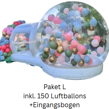 Bunt dekoriertes Luftballonpaket mit Eingangsbogen.