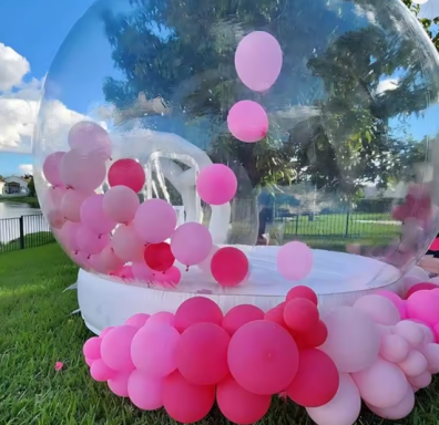 Ein durchsichtiger Ballon mit rosa und roten Ballons auf grünem Rasen.