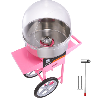 Zuckerwattemaschine auf einem pinken Wagen mit silbernen Teilen.