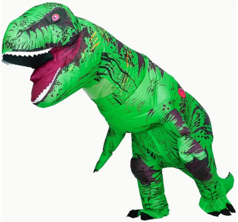 Ein aufblasbares Tyrannosaurus-Rex-Kostüm in leuchtendem Grün.