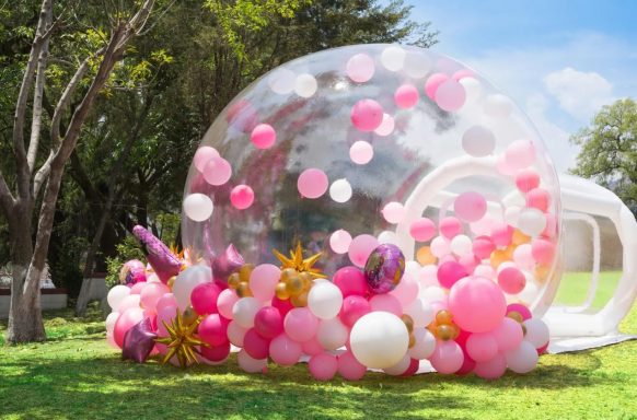 Transparente Kugel mit bunten Ballons in Pink- und Weißtönen in einer grünen Wiese.