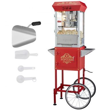 Rote Popcornmaschine auf Wagen, inklusive Schaufel und Messlöffel.
