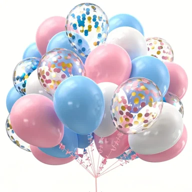 Bunte Luftballons in Rosa, Blau und Weiß mit Konfetti gefüllt.