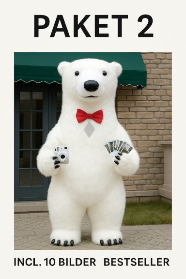 Ein Künstlicher Eisbär mit roter Fliege hält eine Kamera und ein Schild mit "Bilder".